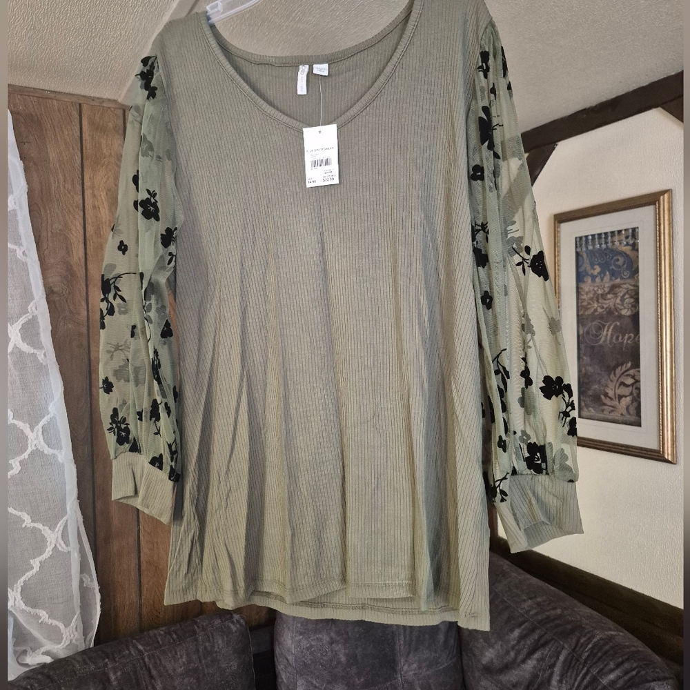 Womens Olive Green Floral Sleeve Shirt